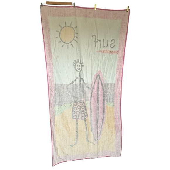VTG Surfer Beach Towel 90s Rare Decorative Cotton Stockman Surfboard Pink Beach - Picture 4 of 8